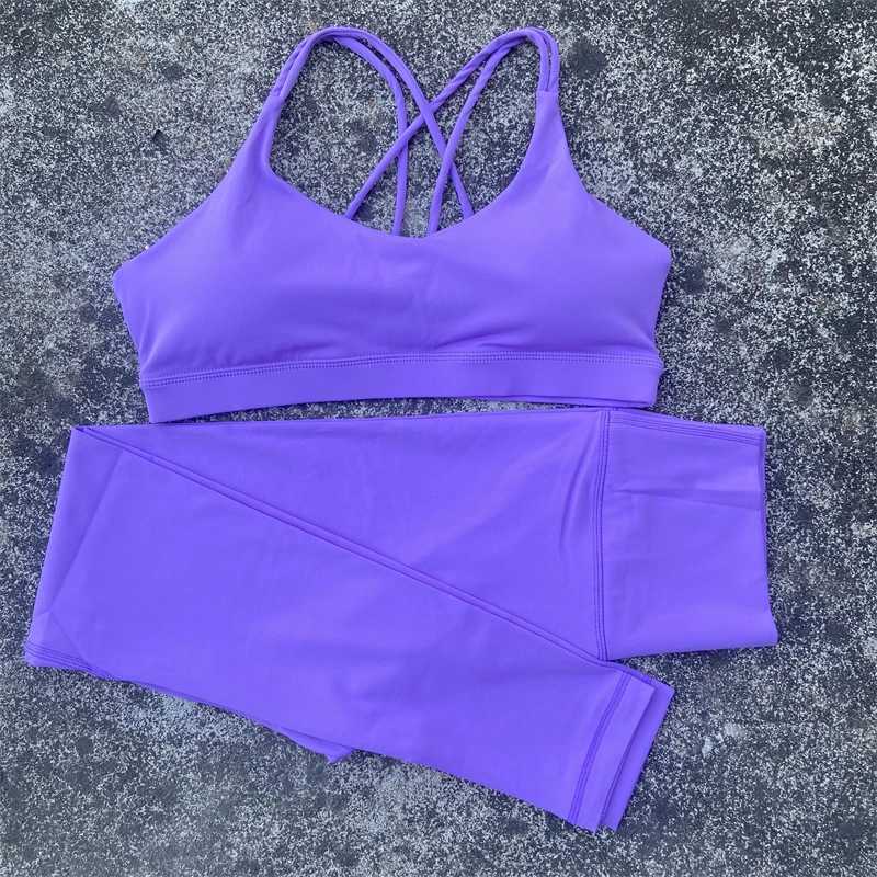 Solid color High waist Yoga Leggings 2pc Gym Yoga Set Women cross Back Shoulder Straps fitness Bra Top +Athletic Tight TracksuitXJ250109