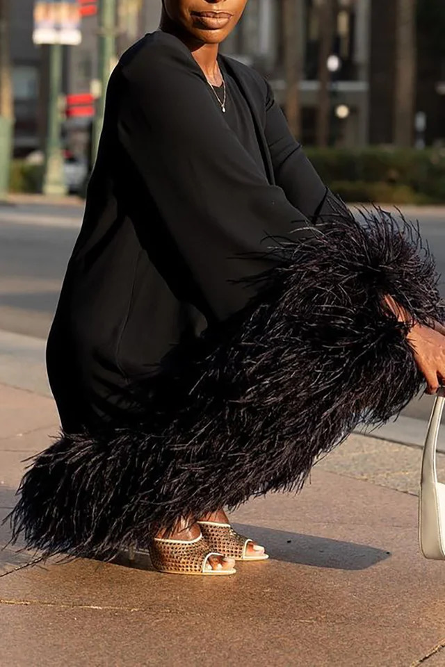 Plus Size Feather Mini Dress Long Sleeve Round Neck Elegant Party Straight Spring Flare Casual Chic Dresses 250106