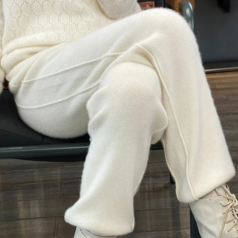 100% Merino wool cashmere womens knitted pants in autumn and winter elastic waist fashion feet 250108