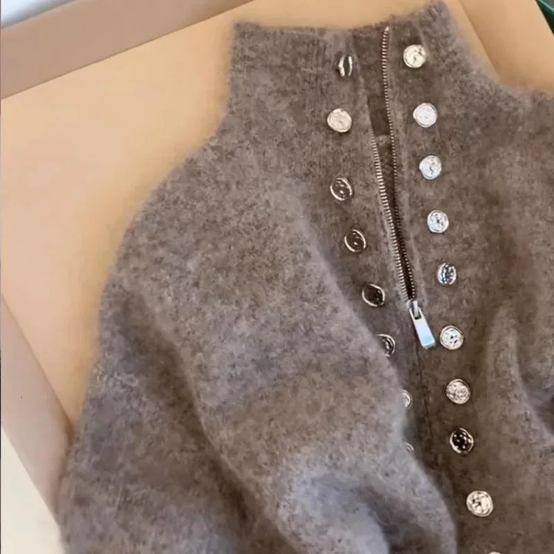 Zipper Elegant Gray Knitted Cardigans Double Breasted Decor Korean Sweaters Stand-up Collar Vintage Thick Coats Women Clothing 250106