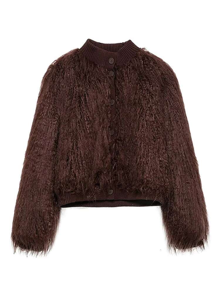 Classic Faux Fur Knitted Coat Vintage Fashion Fluffy Overcoat Round Neck Elegant Women Plush Outwear Winter Streetwear