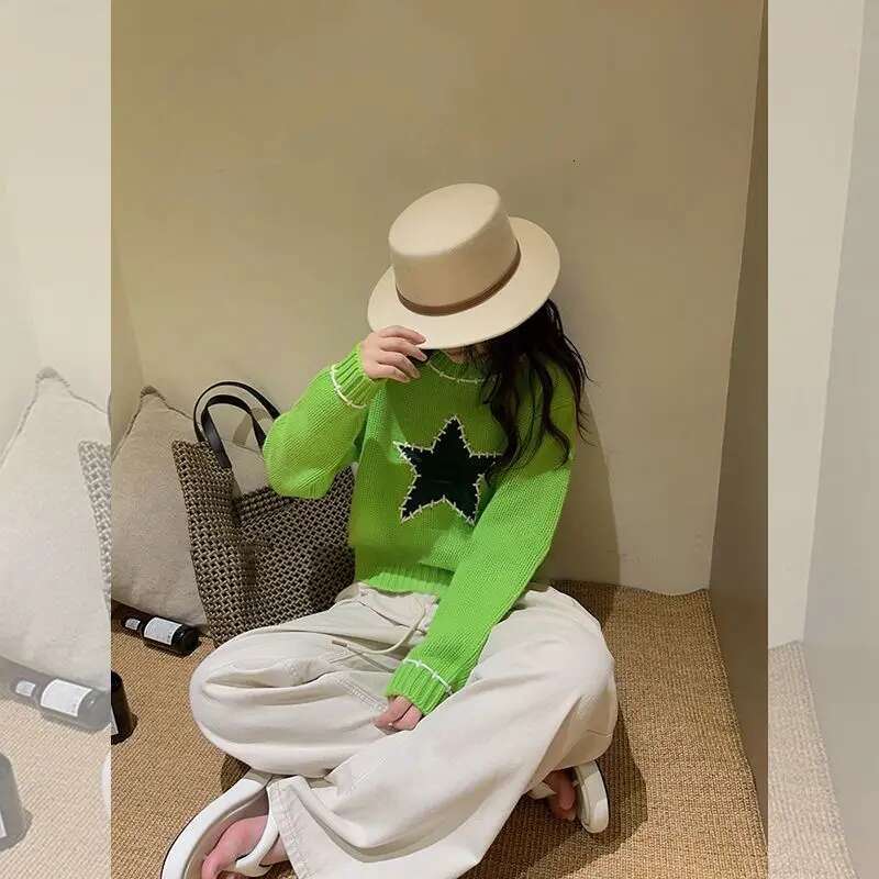 Korean Fashion Star Green Long Sleeve Sweater For Autumn/Winter New Round Neck Loose Casual Knitted Pullover Women Tops