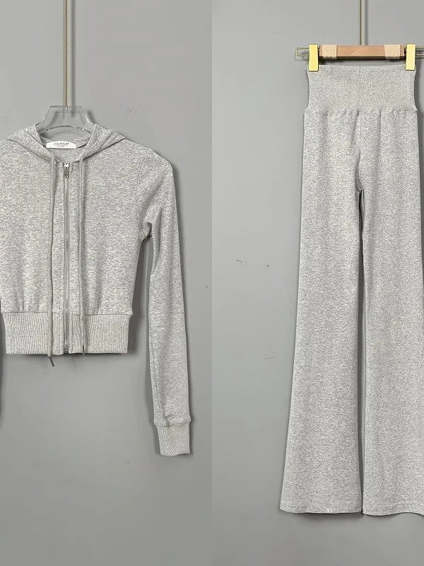 WOMENGAGA Korea Slim Sexy Short Cardigan Long Sleeved Hoodieflared Sports Pants Twopiece Set For Women FJJ8 250106