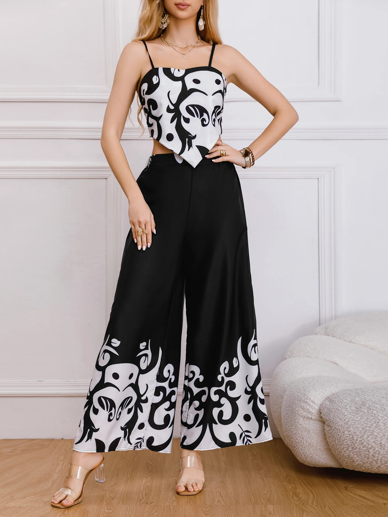 Summer Print Womens Two Pece Suits Fashion Casual Irregular Hem Backless Camis TopsNinepoint Wide Leg Pants Sets 250106
