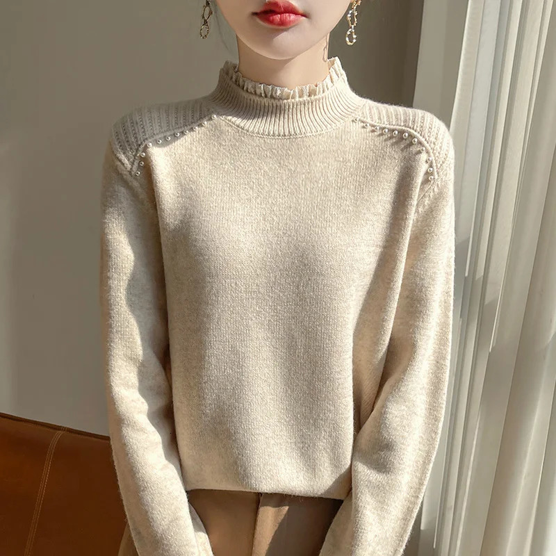 Women semi high neck sweater autumnwinter fine spun wool casual nail bead knitting Tops womens lace splicieng Blouse versatil 250108