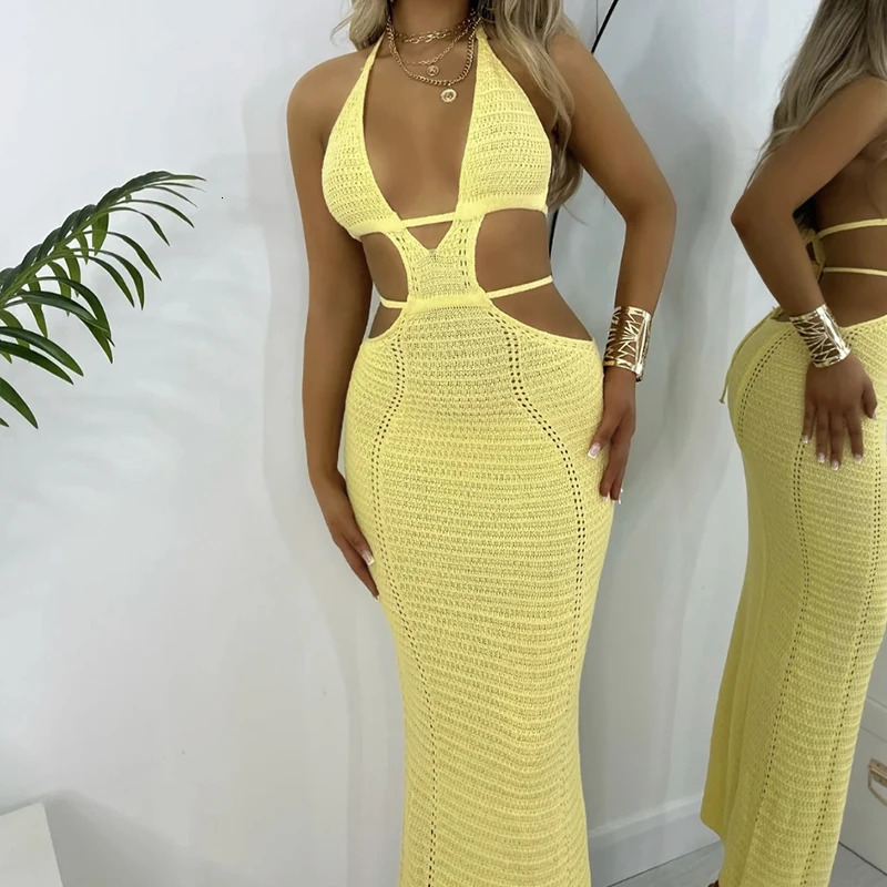 Style Hollow Out Backless Tie Up Dress Women Beach Holiday Sun Bathing Sunscreen Long Knitting Beachwear Cover 250108