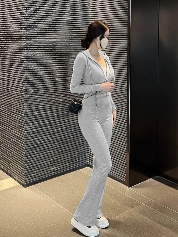 WOMENGAGA Korea Slim Sexy Short Cardigan Long Sleeved Hoodieflared Sports Pants Twopiece Set For Women FJJ8 250106