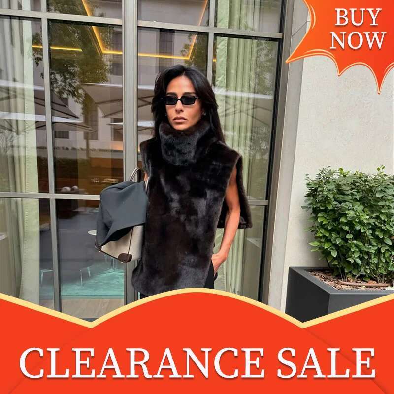 Fashion Women's Turtleneck Furry Fur Sleeveless Waistcoat Elegant Solid Thicken Warm Short Vest 2024 Lady Winter Street Outwear