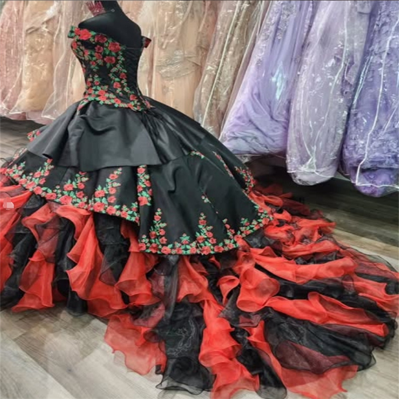 Folklorico Mexican Quinceanera Dresses Mariachi Black And Red Gothic Vestio De Novias 2025 Sweet 16 Dress Masquerade Fifteen Birthday Dress Vestio De 