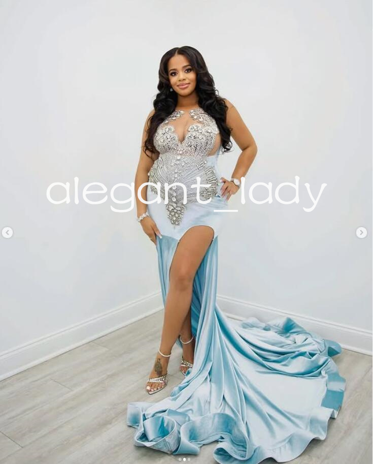 Sky Blue Sparkly Mermaid Evening Cocktail Dresses Customsized Luxury Diamond Sexy Slit Prom Birthday Gala Gown Outfit