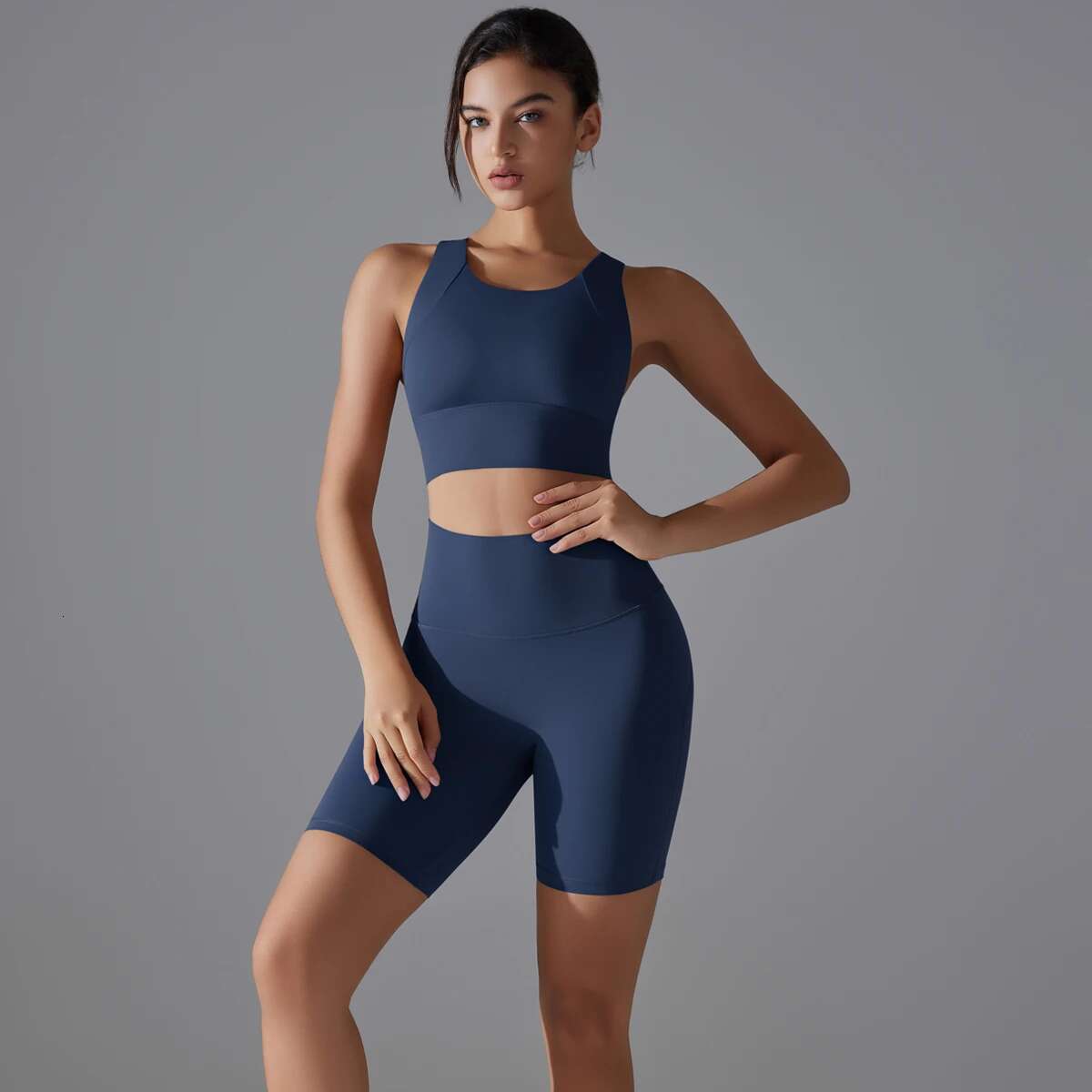Suit Set Crop Tops Solid Color Nylon Bra Running Cycg Sports Gym Workout Yoga Shorts