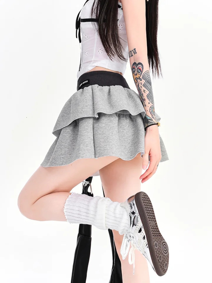 Mini Skirt Laceup with Shorts Women Elastic High Waist A Line Cake Skirts Korean Fashion Ruffles Hit Color Patchwork 250106