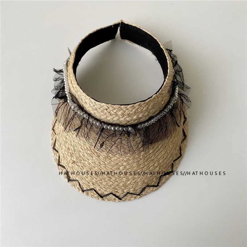Hot Girl Black Lace Pearl Rafia Headless Hat Fem Summer Outdoor Shopping Camping Hat X250109