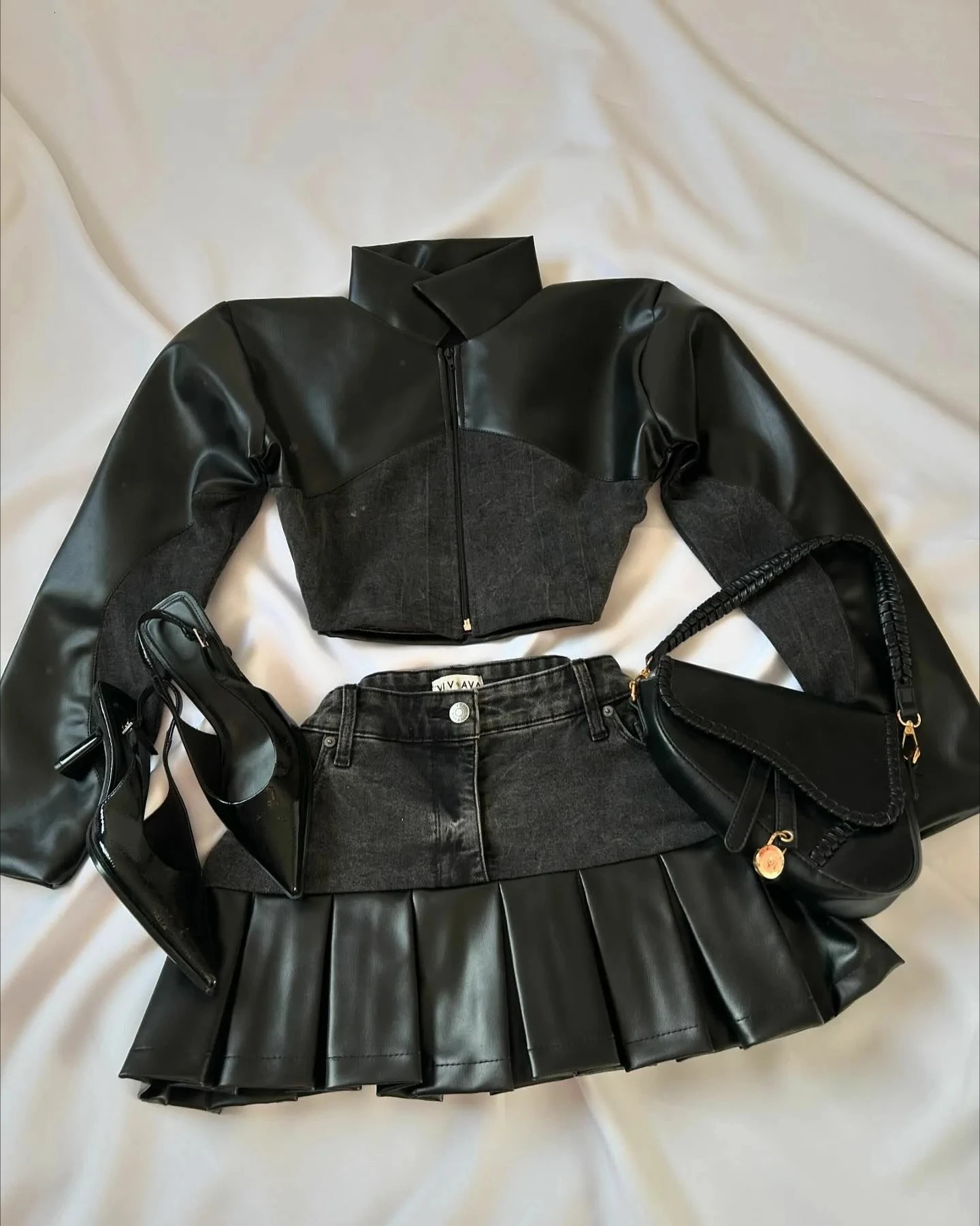 Leather Patchwork Two Piece Set Womens Y2K Sweetheart Sexy Hip Hop Zipper Long Sleeve Cropped Jacket Denim Skirt 250106