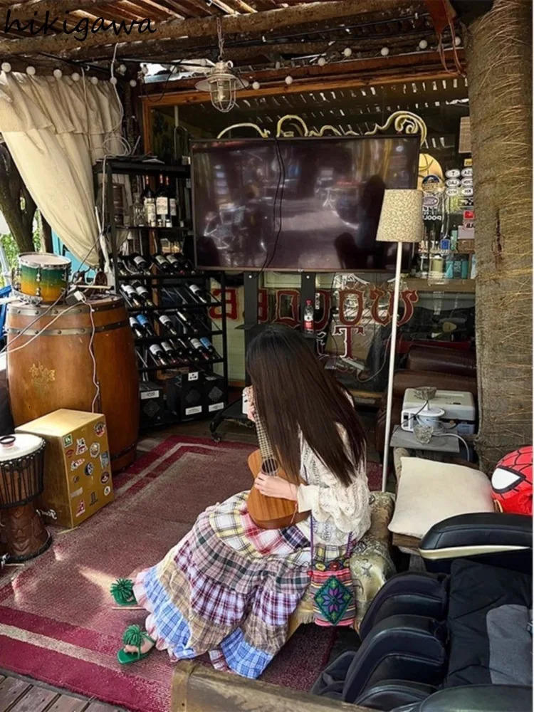 Colorful Plaid Printed Patchwork Skirt for Women Faldas Mujer De Moda High Waist Aline Print Jupe Loose Sweet Long Skirts 250106