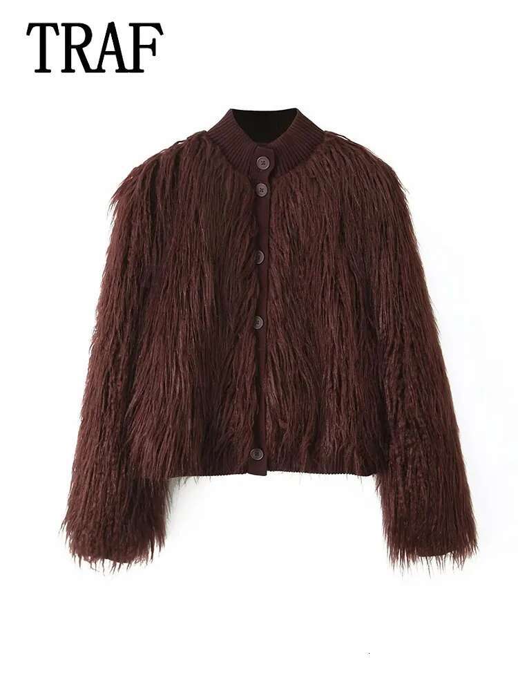 TRAF Women's Fashion Faux Fur Warm Coat Winter Jacket Women Long Sleeve Knitted Cropped Coats Casual New Outerwears