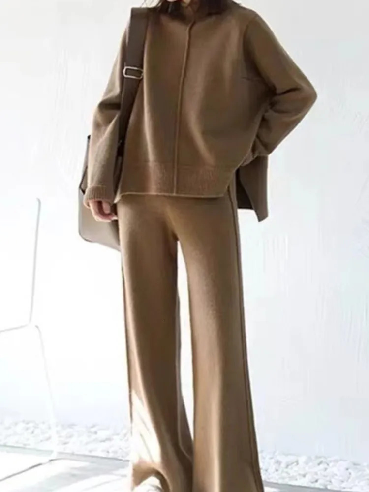 Elegant Knitted Two Piece Sets Womens Casual Oneck Knit Pullovers Loose Pants Female Suits Autumn Winter Fashion Lady Outfits 250106