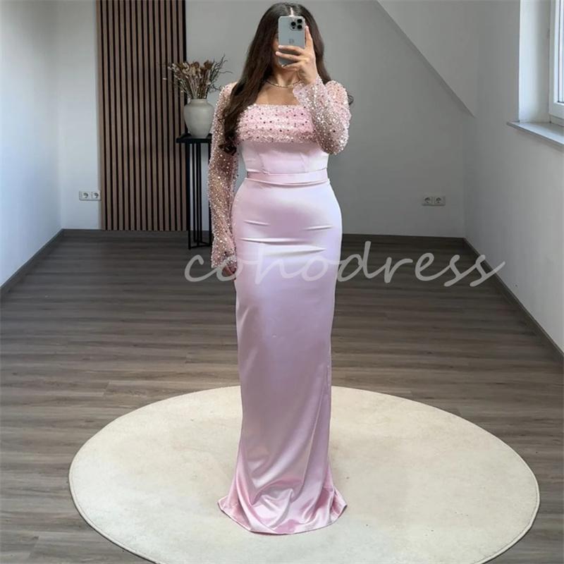 Saudi Arabic Baby Pink Evening Dress With Overskirt Train 2 In 1 Dubai Abaya Prom Dress Long Sleeve Sequin Engagement Dress Ceremony Formal Occasion B