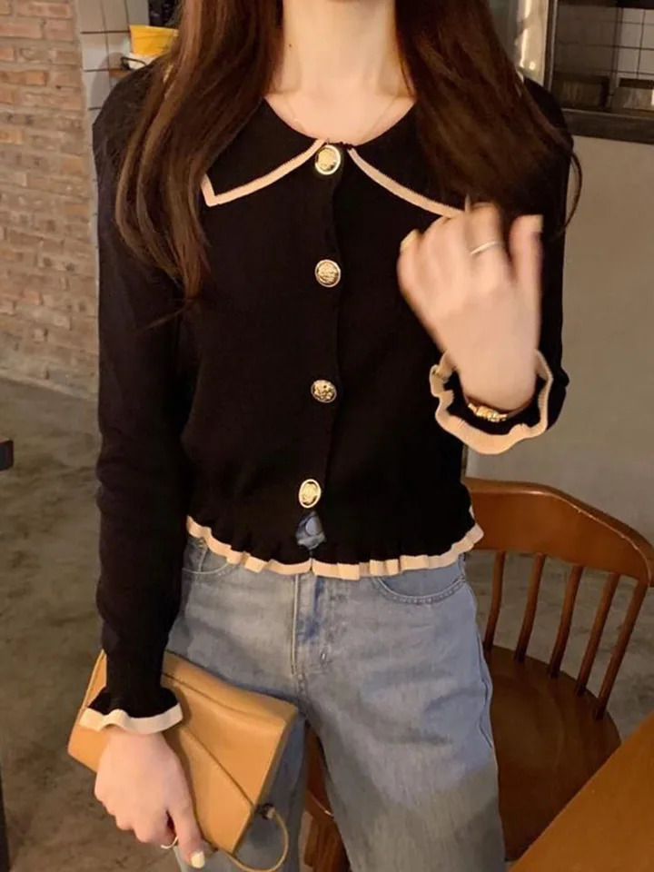 Jmprs Ruffles Sweet Cardigan Sweaters Women Fashion Slim Long Sleeve Knitted Short Coat Elegant Patchwork Korean Lady Black Tops 250108