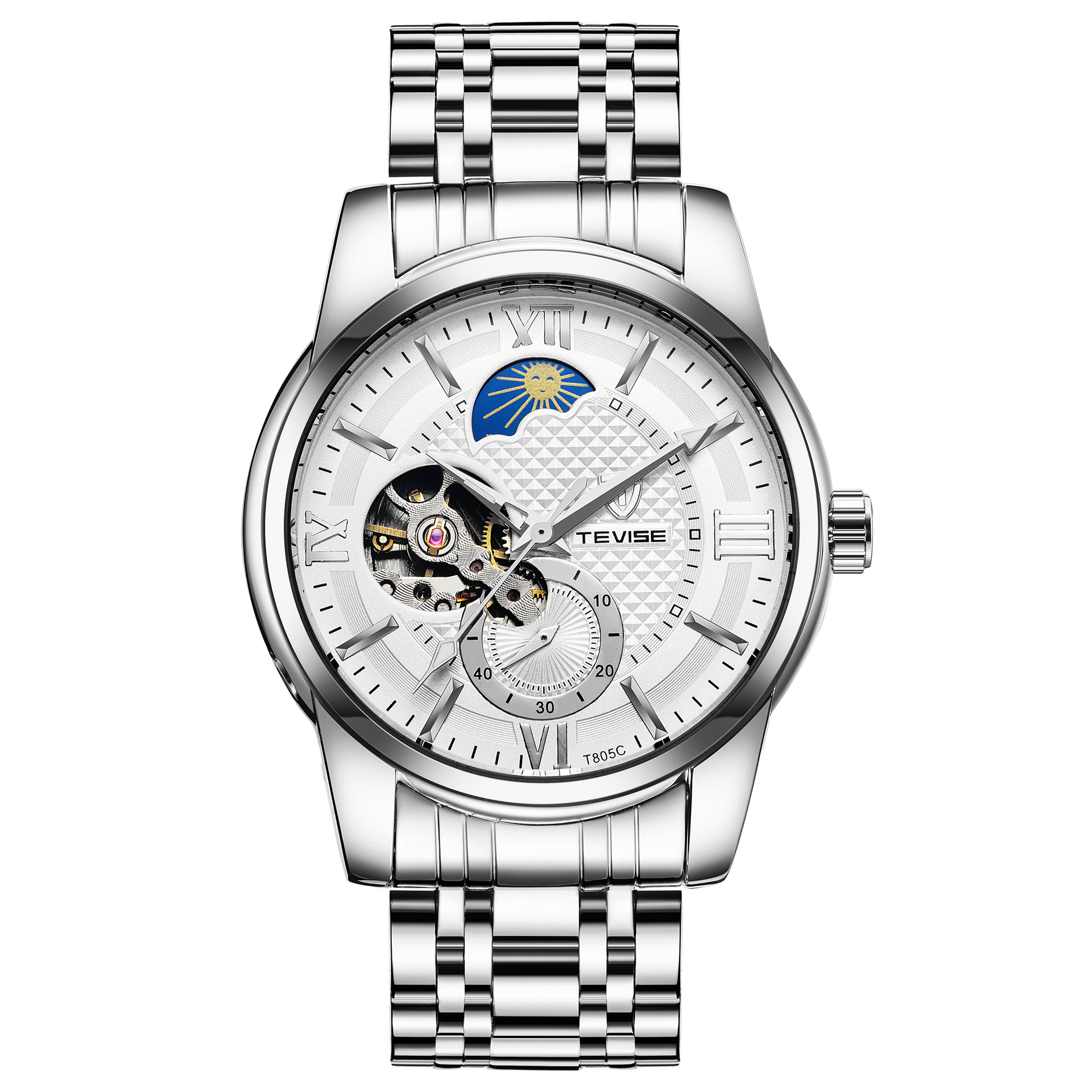 TEVISE Mens Automatic Mechanical Business Watch with Stainless Steel Strap Moonwatch Phase and Waterproof Function T046-T805C