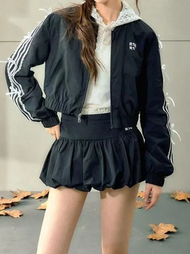 Woman 2000s Aesthetics Elegant Two Piece Skirt Set Women Sexy Sport Wear Coat Mini Suit Female High Street Chic Sets 250106