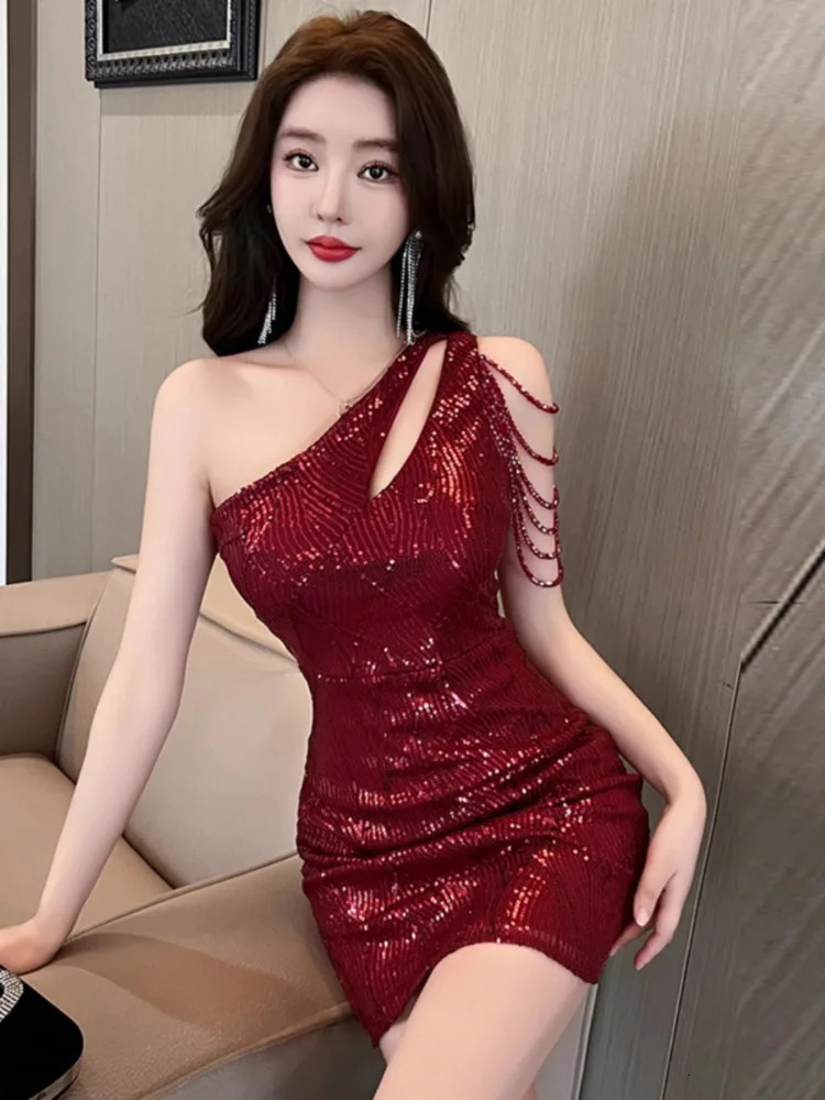 Topenomi Sexy Diagonal Shoulder Sequin Party Dress Women French Temperament Waist Slim Fit Banquet Evening Short Dresses Summer 250106
