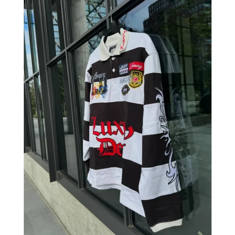 Hiphop striped personalized geometric pattern printed lapel longsleeved Tshirt men Y2K American skateboard sports couple tops 250106