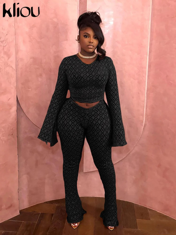 kliou Sexy Coquette 2 Piece Set Holes Solid Long Sleeve Slim TopsHigh Waist Flare Pants See Through Female Midnight Clubwear 250106