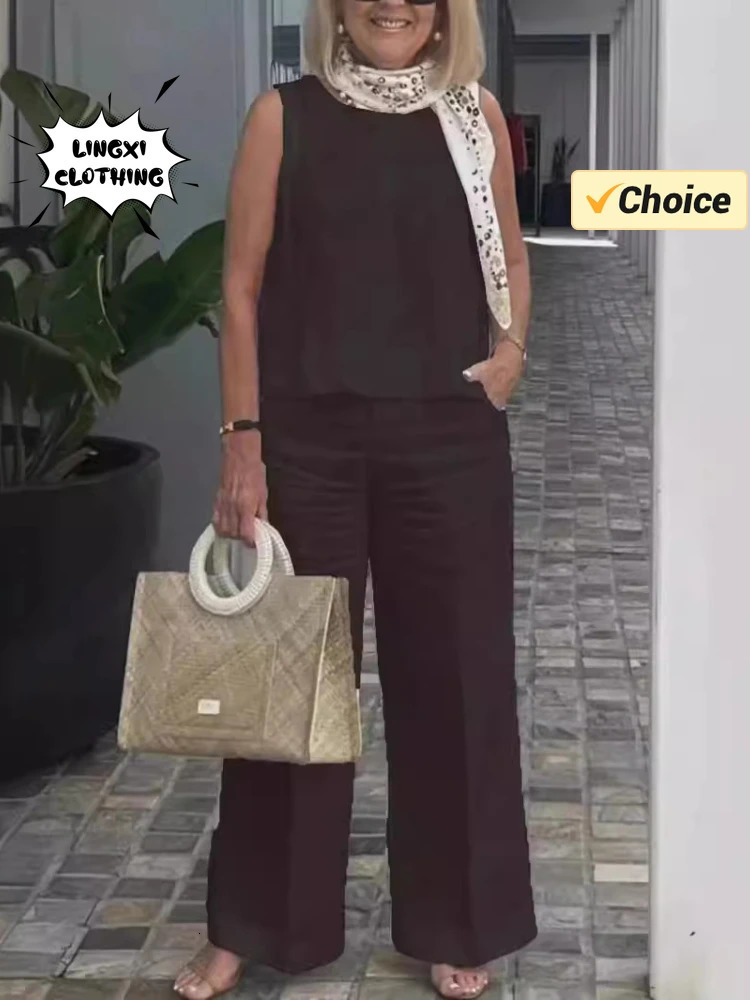 Summer Fashion Womens Matching Collection Round Neck Sleeveless Top High Waist Wide Leg Pants Casual Two Piece Set 250106