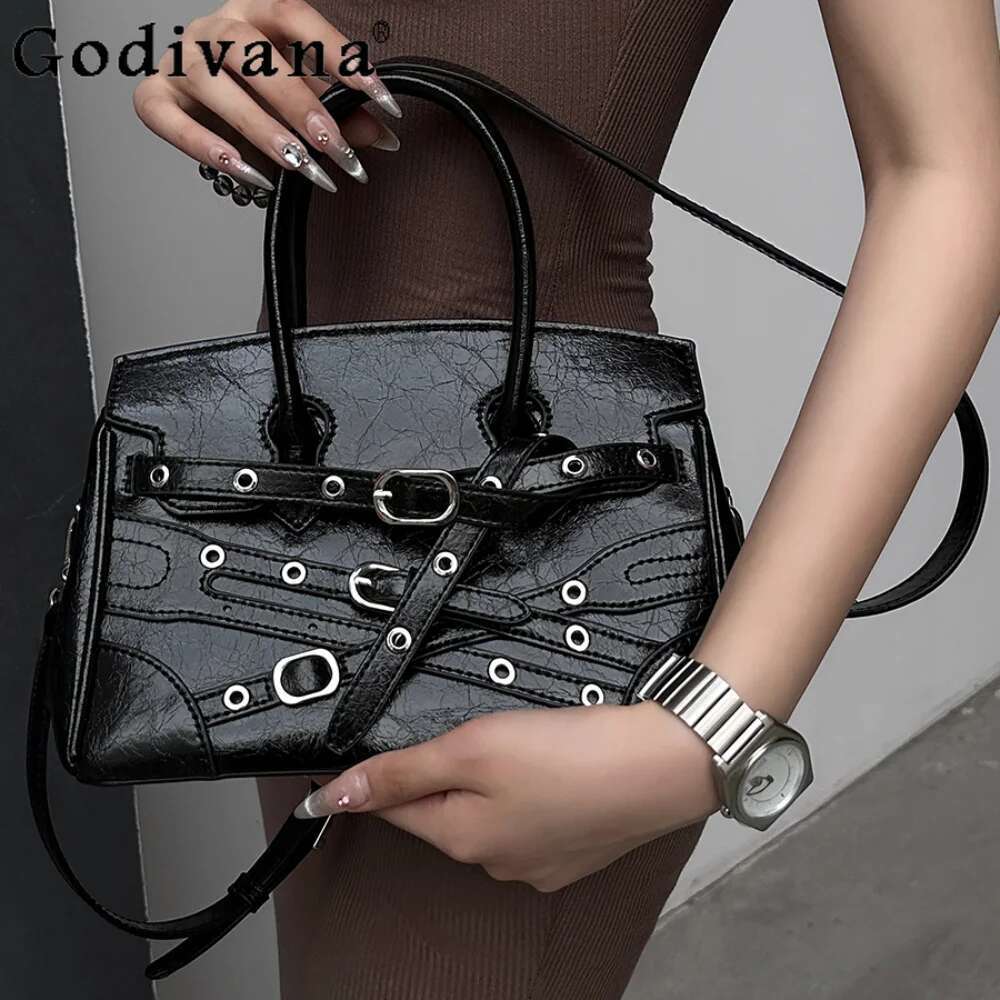 Fashion Punk Hot Girl Style Y2k Locomotive Tote Bags Classic Street Shoulder Crossbody Bag Leather Black Women Handbags