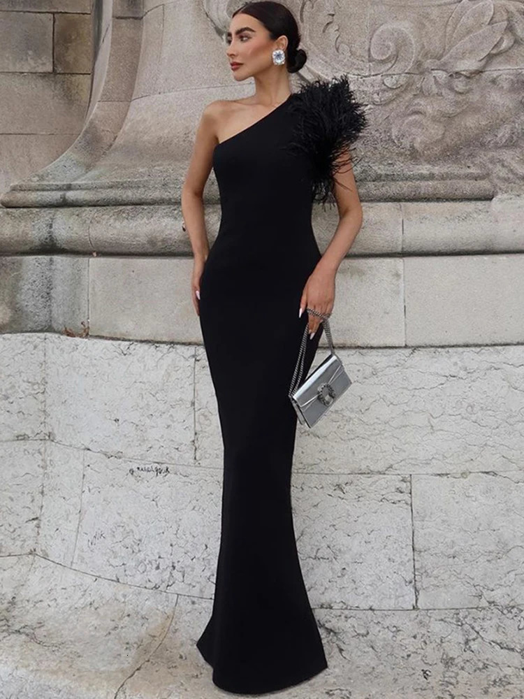Dulzura Black Sleeveless One Shoulder Feather Maxi Dress For Women Bodycon Sexy Party Elegant Long Birthday Evening Outfit 250106