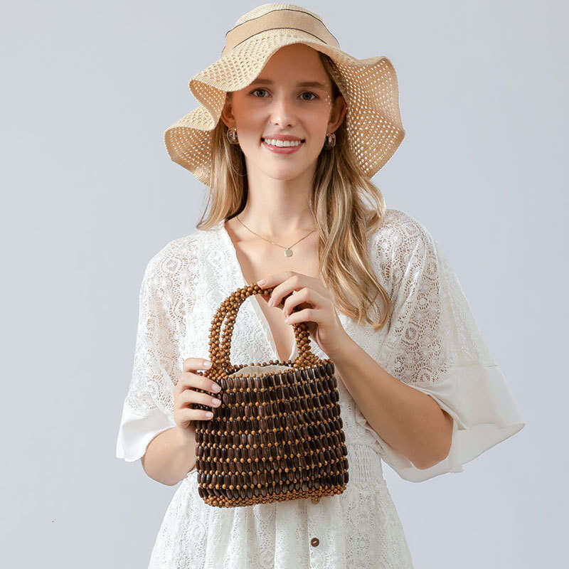 Cross Border Handmade Wooden Bead Woven From Europe And America, Women's Summer Niche Design, Hand-Held Commuting Small Square Bags