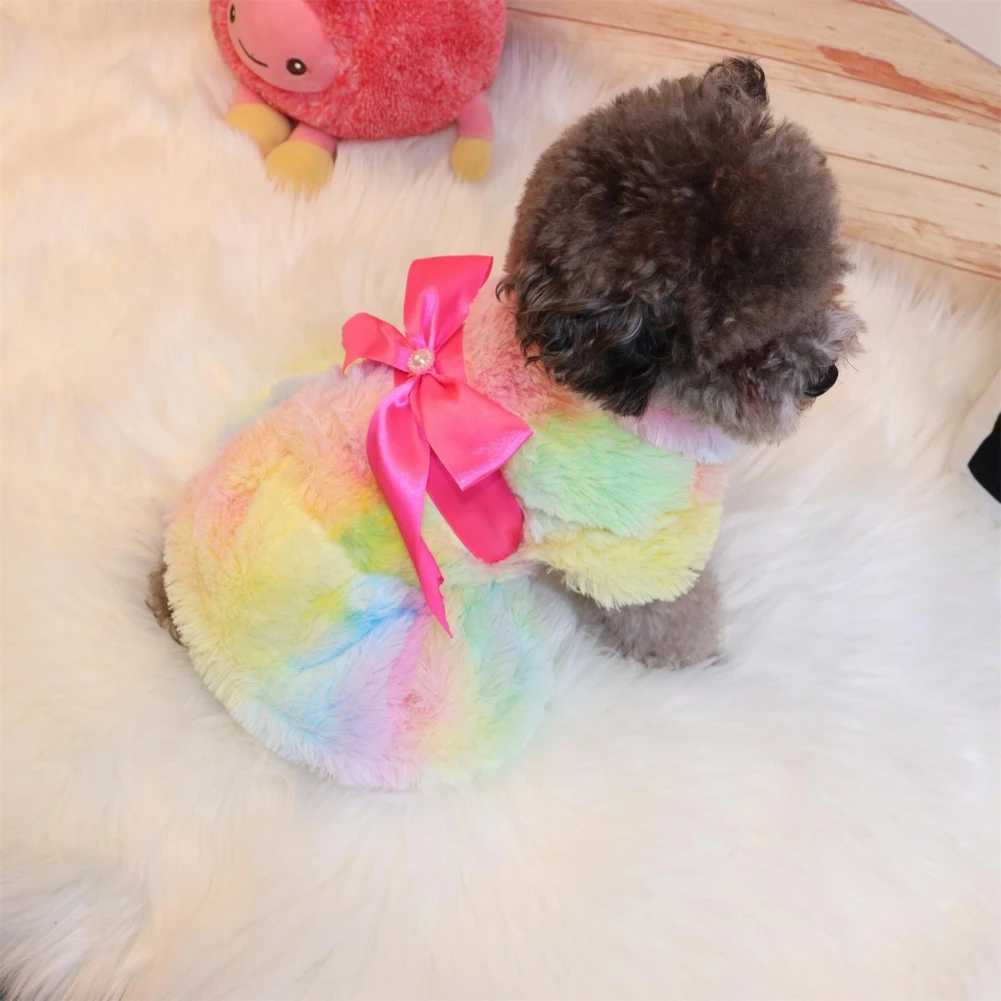 Pet Dog Fluffy Pink Bowknot Skirt Plush Coat Color Coral Fleece Dresses Winter Pet Color Gradient Dress for Small Dog Cat JacketXJ250109