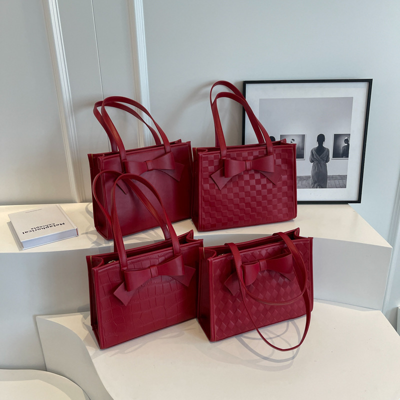 New Designer Red Bow Bag Large Capacity Handbag Women's Bag Checkerboard Casual Bag Christmas Party Bag