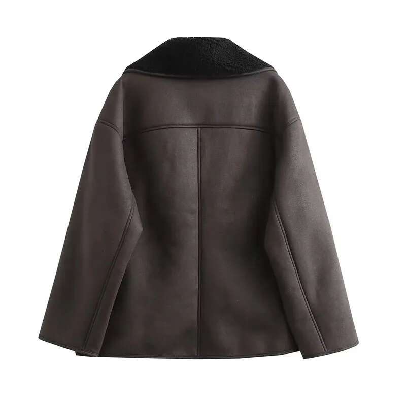 TRAF Thick Leather For Women Autumn Winter Warm Jackets Woman 2024 Faux Wool Coats Long Sleeve Oversized Jacket