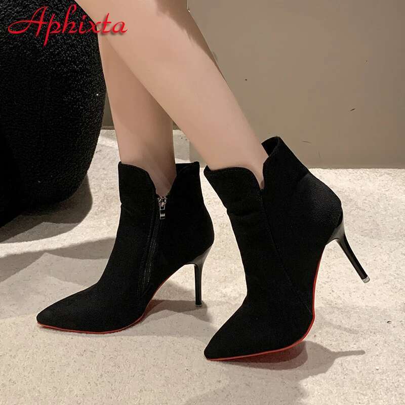 Aphixta 10cm Stilettos Winter Red Heels Zip Warm Black Ankle Boots ck Footwear Shoes Women Super Big Size 47 48 49 50