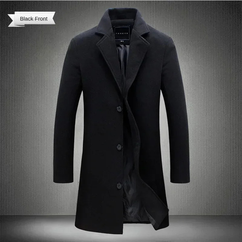 Men Long Cotton Coat 2024 Autumn Winter Wool Blend Pure Color Business Casual Slim Fit Windbreaker Jacket Fashion Clothing 250106