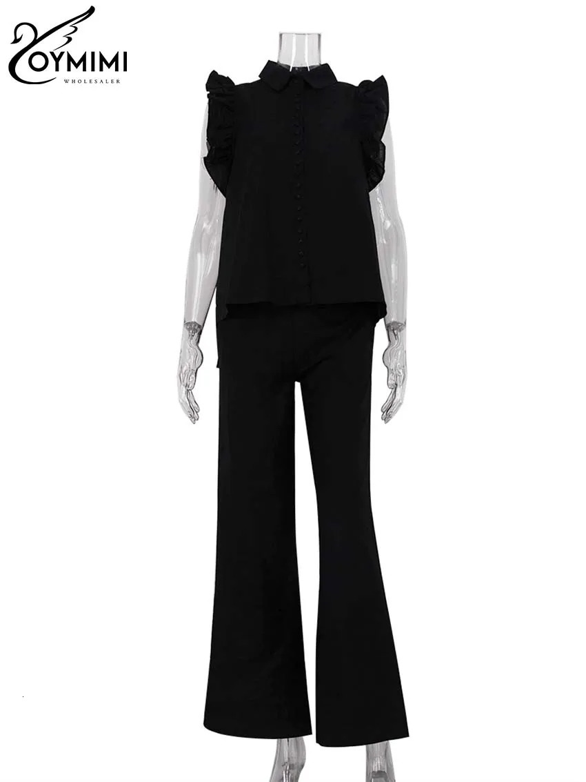 Oymimi Elegant Cotton Black Womens 2 Piece Outfit Set Fashion SingleBreasted Sleeveless Ruffled Shitrs And Simple Trousers Sets 250106