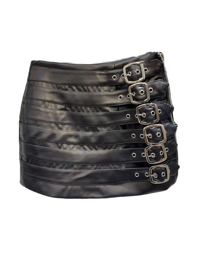 DEAT Trendy Women's Multi Belt PU Leather Mini Skirt 2025 Spring Fashion New Items High Waist Wrap Hip Skirts Female 11Xx7390