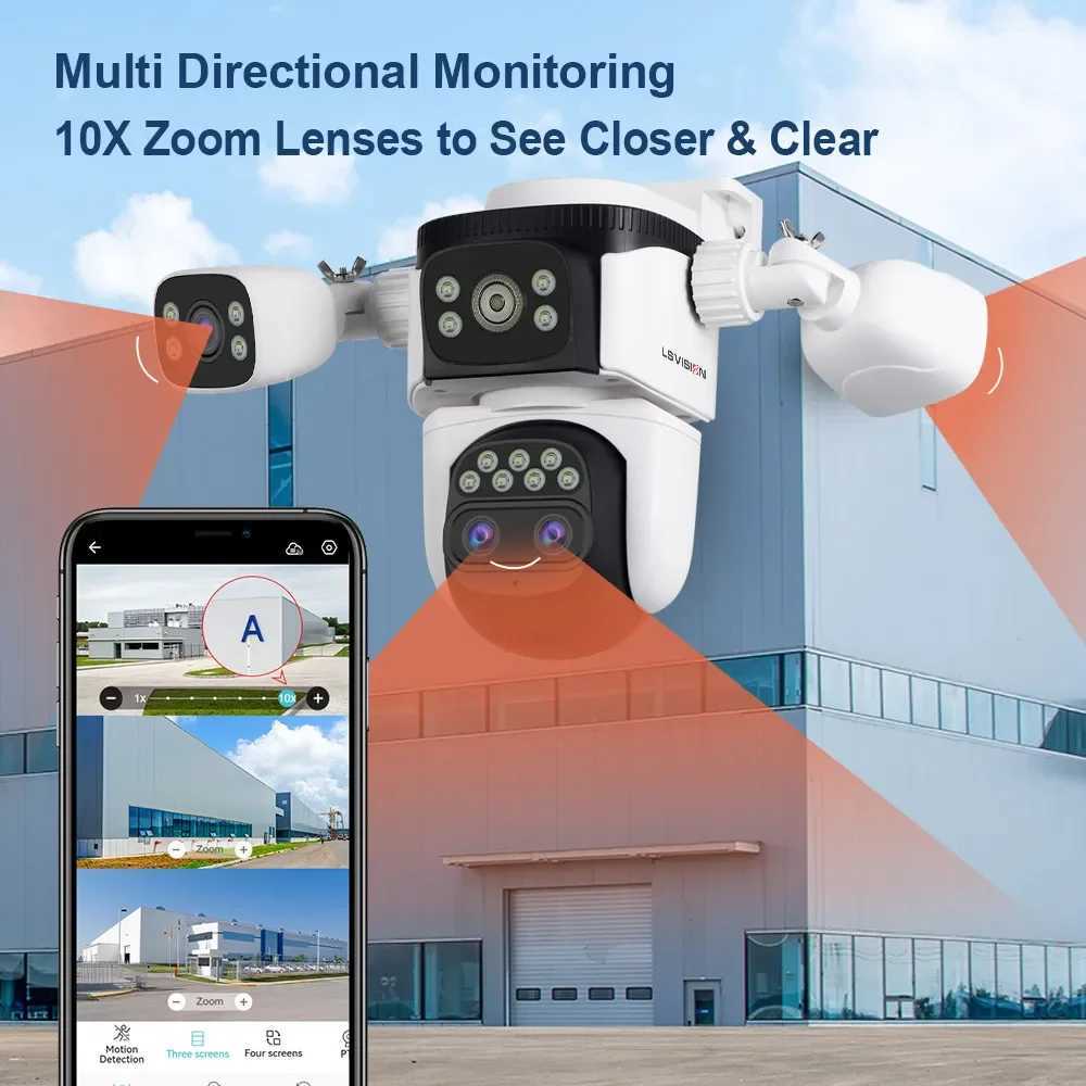 LS VISION 20MP 4*Screens Home Surveillance Wifi Camera 10X Zoom Outdoor Surveillance Camera Ip PTZ Auto Tracking Security Cctv X250110