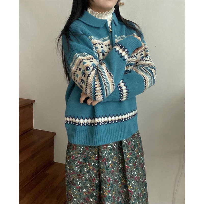 Vintage Print Sweater Women Christmas Red Knitted Pullovers Korean Half Zipper Long Sleeve Knitwear Fall Winter Casual Jumpers 250108