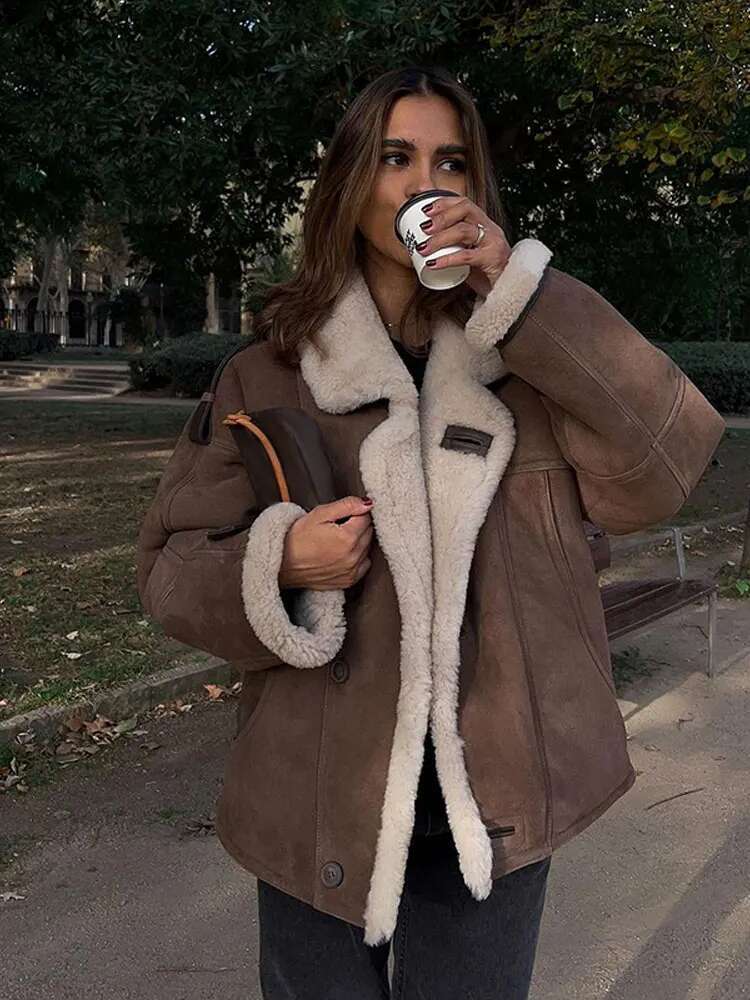 Retro Brown Faux Leather Warm Thick Fluffy Coats Fashion Long Sleeve Laple Single Button Jacket 2024 New Winter Lady Outerwear