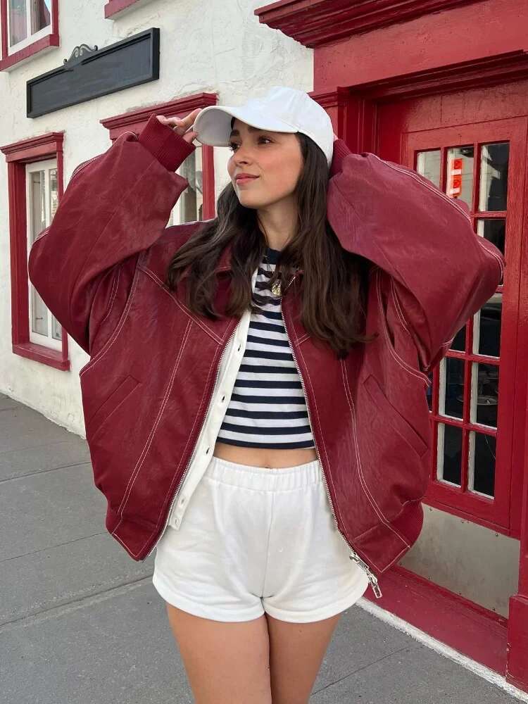 2025 Spring Red Contrast Leather Bomber Women's Jacket Fashion Zipper Front Lapel Pocket Coats New Lady High Streetwear
