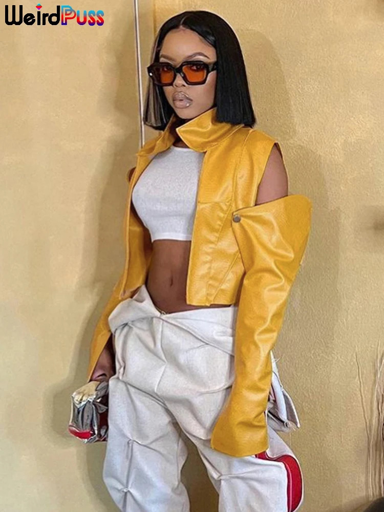 Weird Puss PU Hipster Crop Jacket Women Hollow Long Sleeve Cardigan Autumn Wild Basic Streetwear Patchwork Stripe Y2K Trend Coat 250109