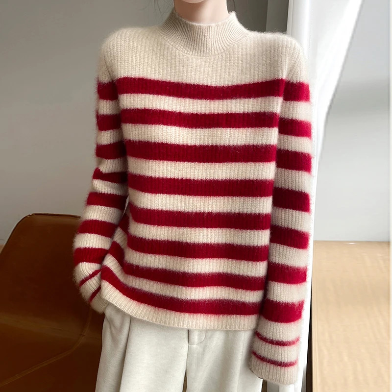 Autumn and Winter 7Pin Thickened Womens Sweater 100% Pure Wool MockNeck Stripes Knitwear Comfortable Warm Pullover 250108