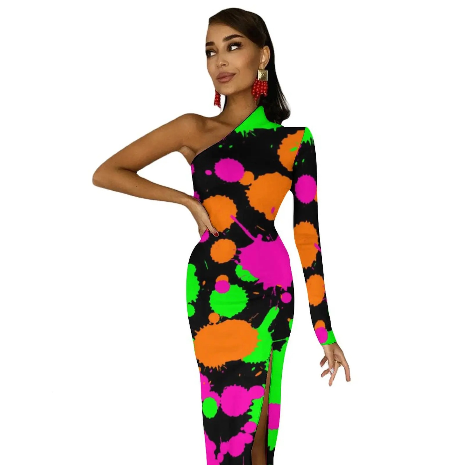 Neon Paint Long Dress Women Graffiti Splatter Print Party Maxi Summer Sleeve Sexy Bodycon Dresses Side Split Clothes 250106