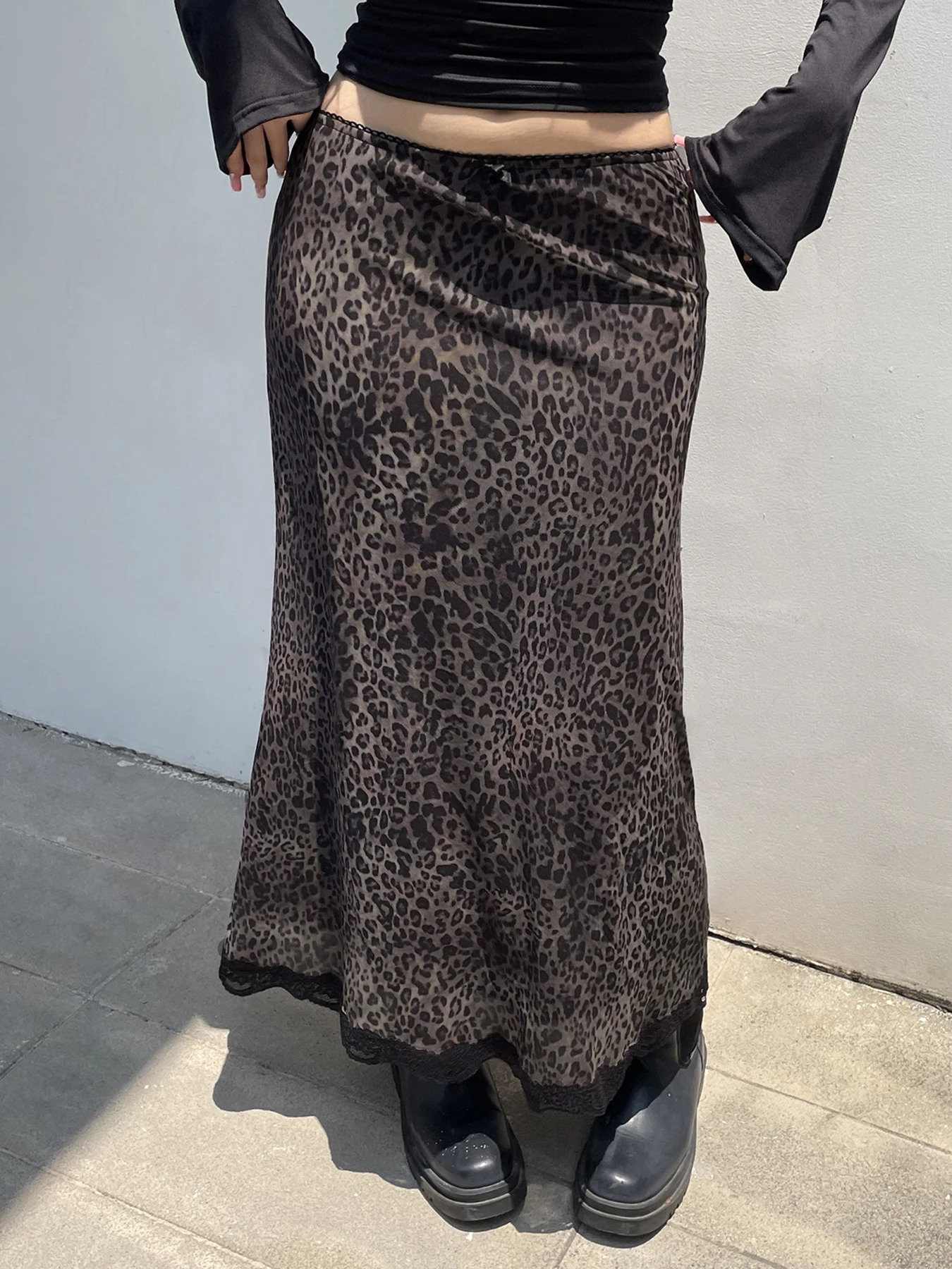 Retro Brown Leopard Y2K Long Skirts Women Lace Trim Hem Two Layers Mesh Vintage Aesthetic Elegant Fashion Clothing 250106