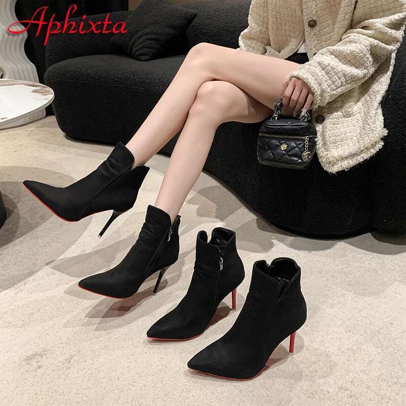 Aphixta 10cm Stilettos Winter Red Heels Zip Warm Black Ankle Boots ck Footwear Shoes Women Super Big Size 47 48 49 50