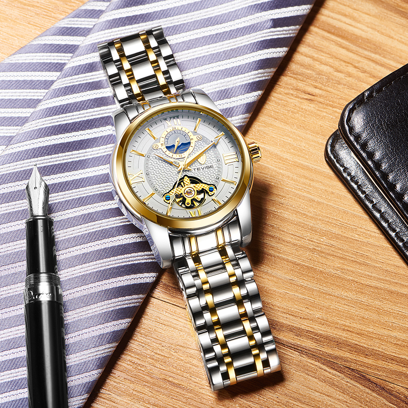 TEVISE Luxury Watches Mens Automatic Mechanical Transparent-back Waterproof Movement Watch WristWatch T047-T805D