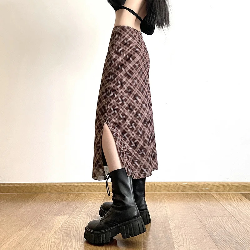 Women Spring Autumn Plaid Print Wrap Hips Skirts Fashion AnkleLength Sexy Slim Pencil Preppy Style Girls Slit Midiskirt 250106